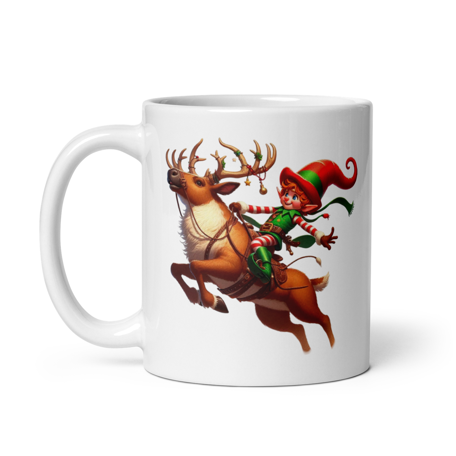 Funny Christmas Elf And Jumping Reindeer White Coffee Mug
