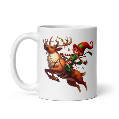 Funny Christmas Elf And Jumping Reindeer White Coffee Mug