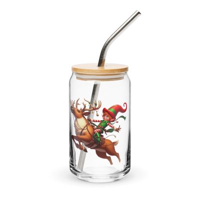 Funny Christmas Elf And Jumping Reindeer Can-Shaped Glass