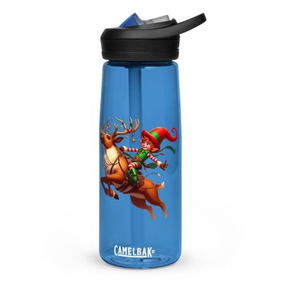 Funny Christmas Elf And Jumping Reindeer Sports Water Bottle