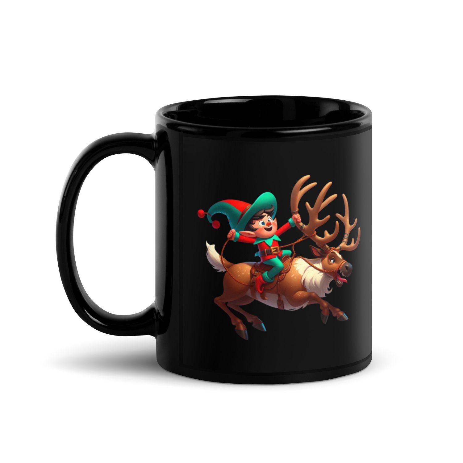 Funny Christmas Elf And Reindeer Black Coffee Mug