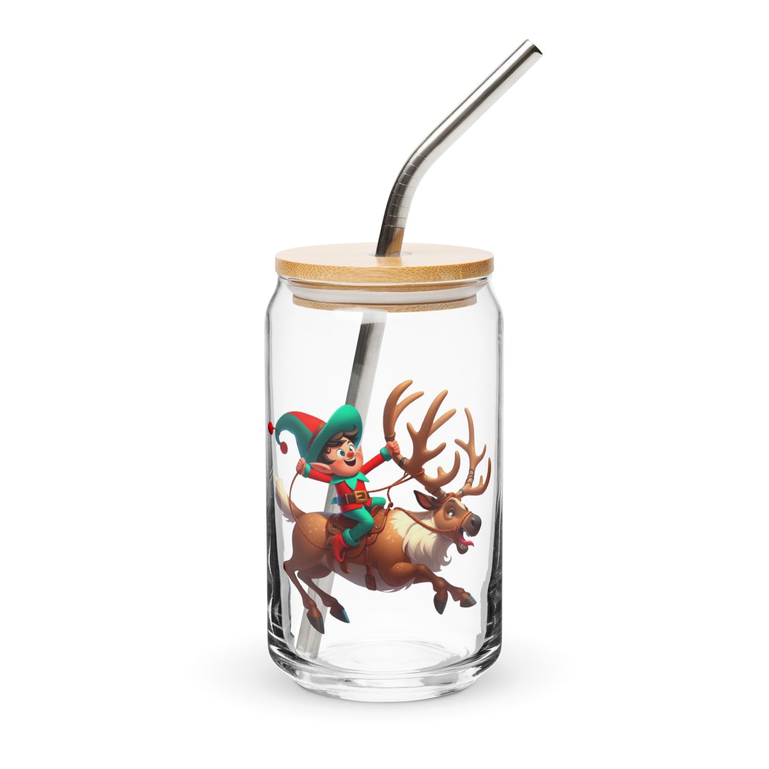 Funny Christmas Elf And Reindeer Can-Shaped Glass