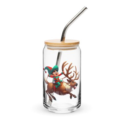 Funny Christmas Elf And Reindeer Can-Shaped Glass