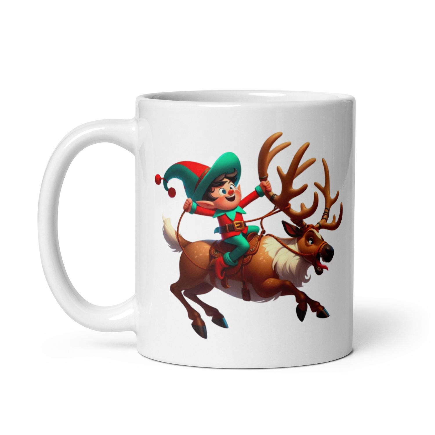 Funny Christmas Elf And Reindeer White Coffee Mug