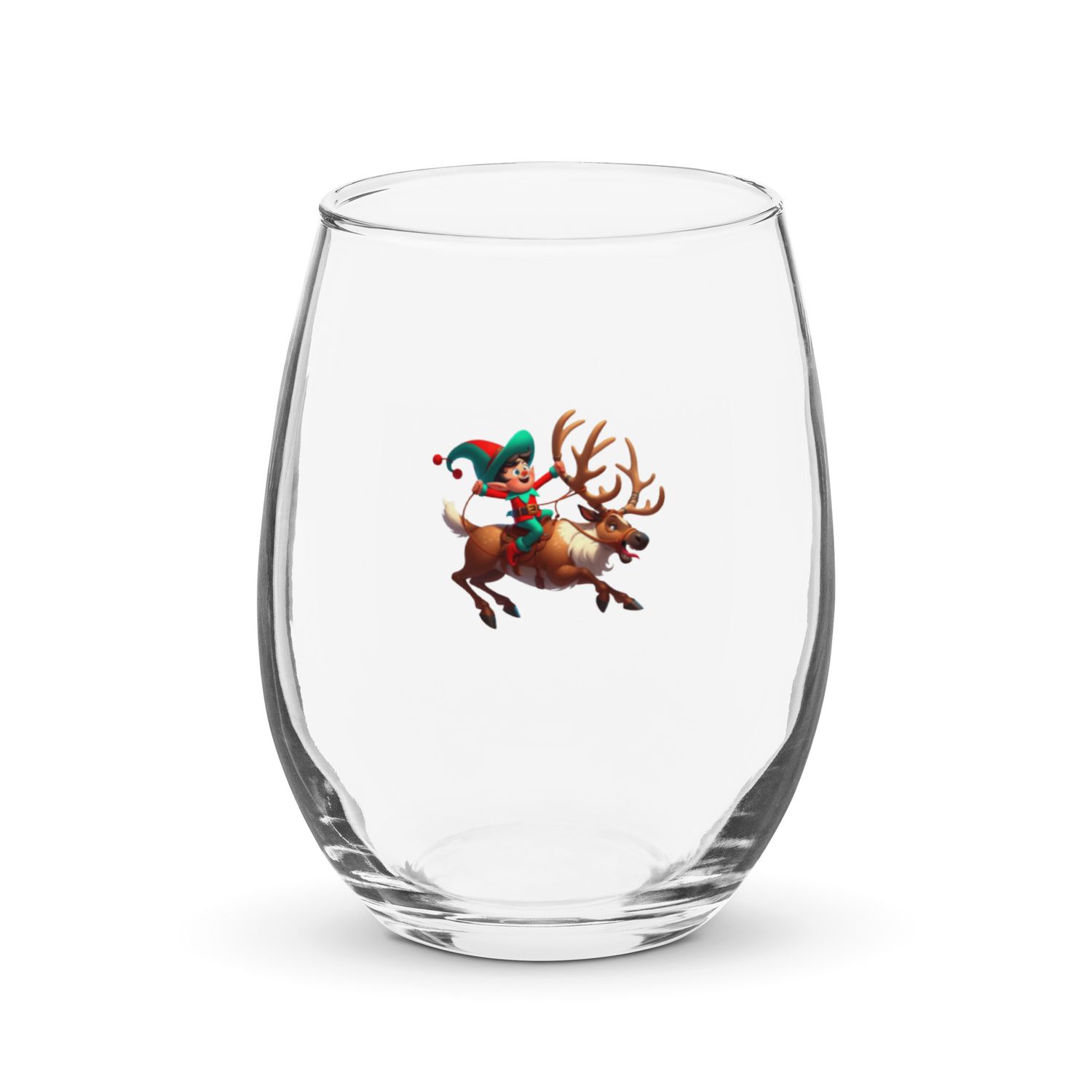 Funny Christmas Elf And Reindeer Stemless Wine Glass