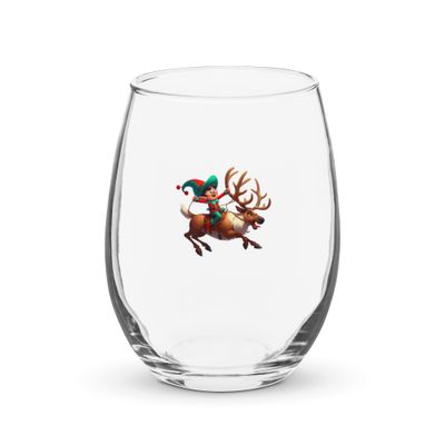 Funny Christmas Elf And Reindeer Stemless Wine Glass