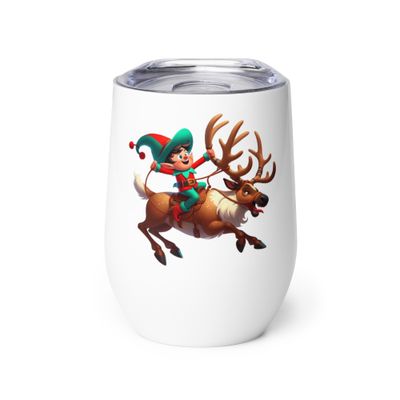 Funny Christmas Elf And Reindeer Wine Tumbler