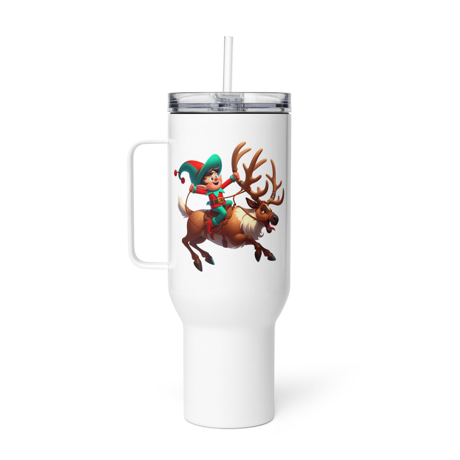 Funny Christmas Elf And Reindeer Travel Mug with a Handle