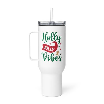 Holly Jolly Vibes Travel Mug with a Handle - Christmas Travel Mug