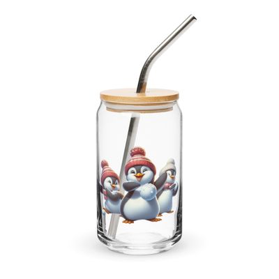 Funny Christmas Penguins Can-Shaped Glass