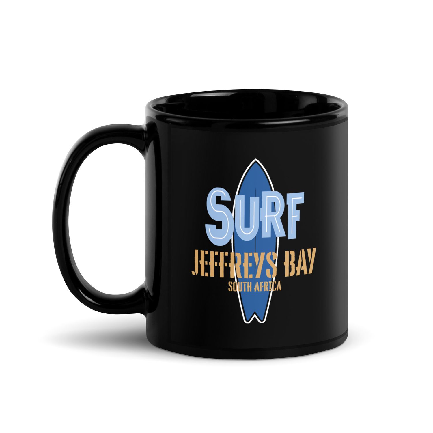 Surf Jeffreys Bay, Surfing Jeffreys Bay in South Africa, Surfboard Black Coffee Mug