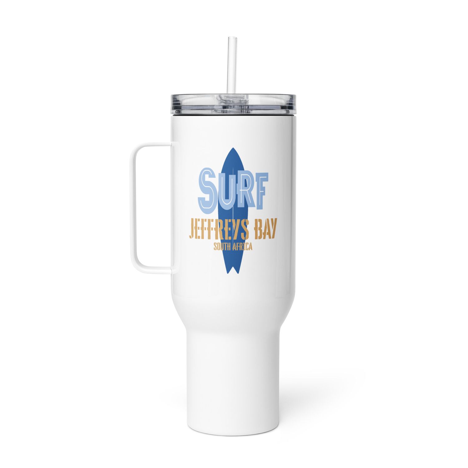 Surf Jeffreys Bay, Surfing Jeffreys Bay in South Africa, Surfboard Travel Mug with a Handle