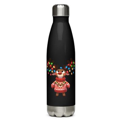 Funny Christmas Reindeer Black Stainless Steel Water Bottle