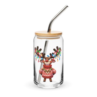 Funny Christmas Reindeer Black Can-Shaped Glass