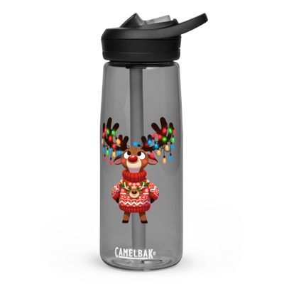 Funny Christmas Reindeer Black Sports Water Bottle