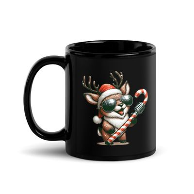 Funny Christmas Singing Reindeer Black Coffee Mug