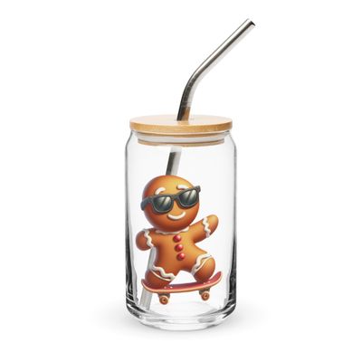 Funny Christmas Skateboarding Gingerbreadman Can-Shaped Glass