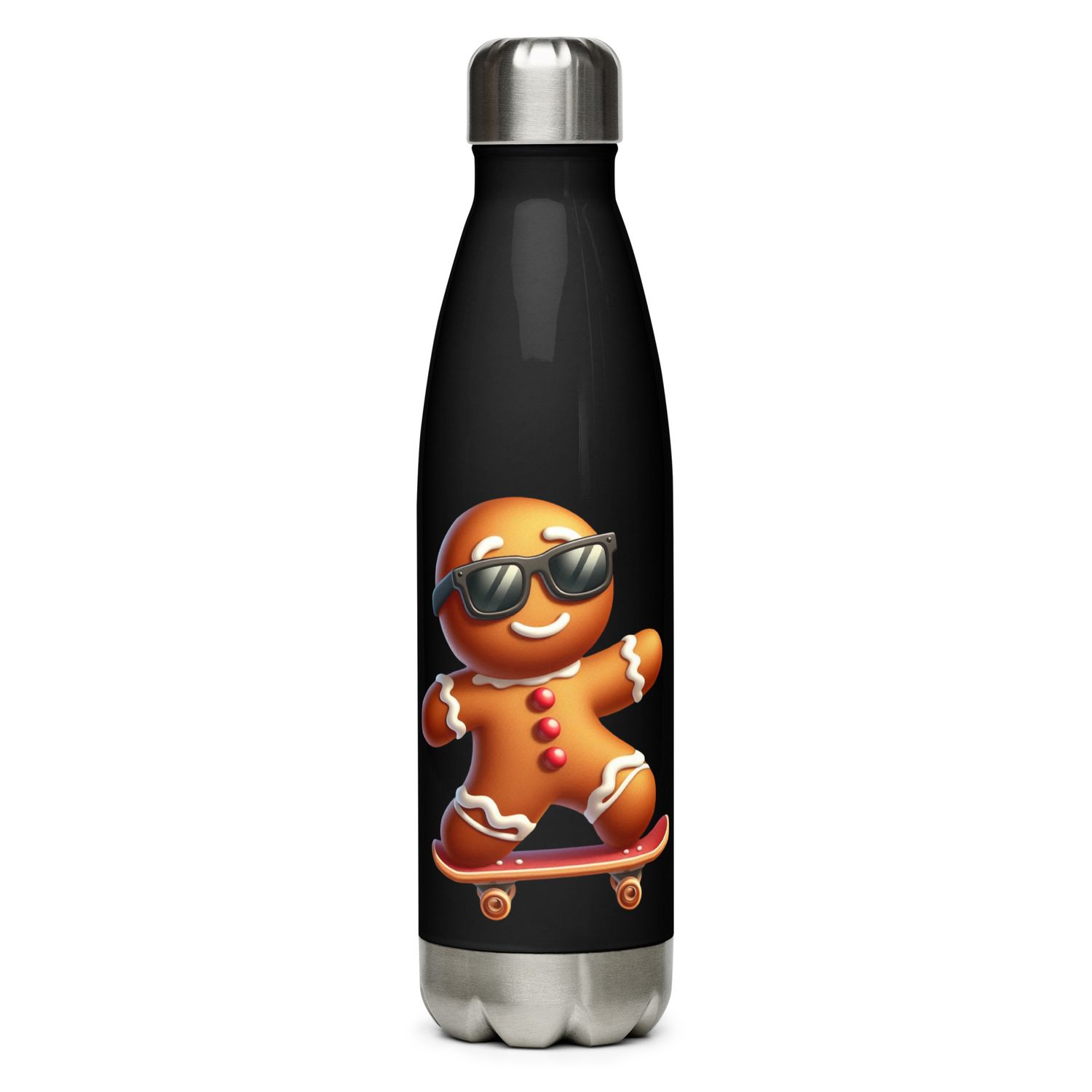 Funny Christmas Skateboarding Gingerbreadman Stainless Steel Water Bottle