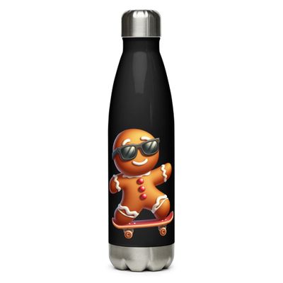 Funny Christmas Skateboarding Gingerbreadman Stainless Steel Water Bottle