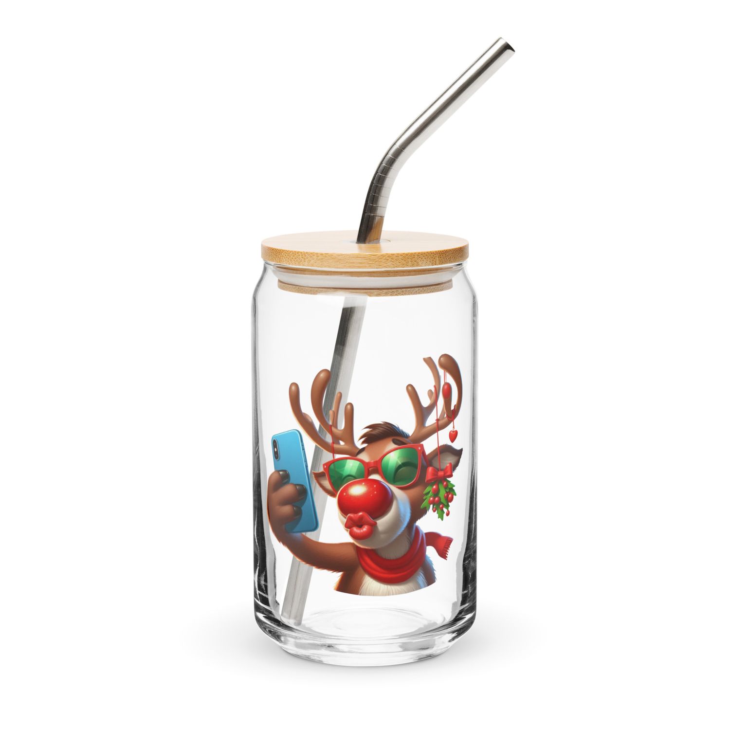 Funny Reindeer Selfie Can-Shaped Glass