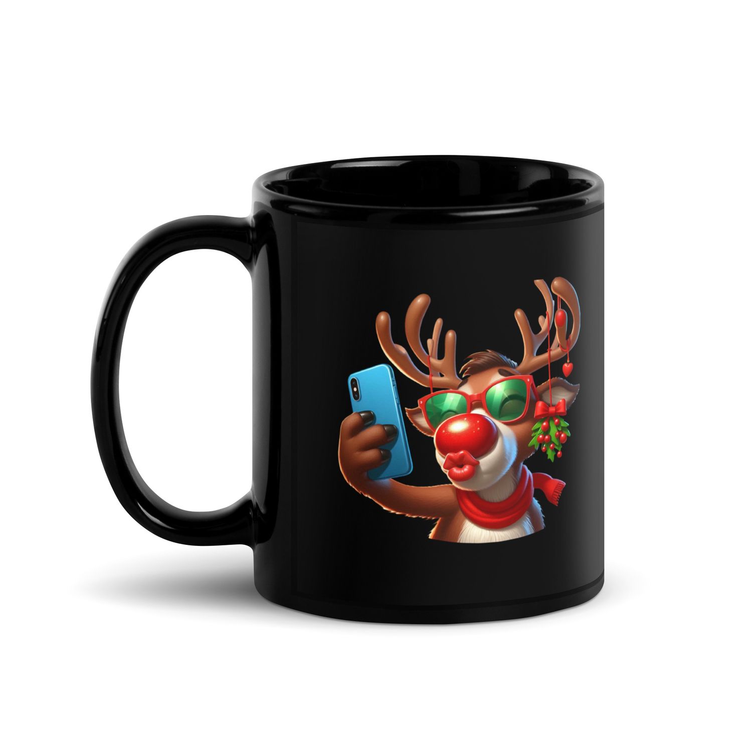 Funny Reindeer Selfie Black Coffee Mug