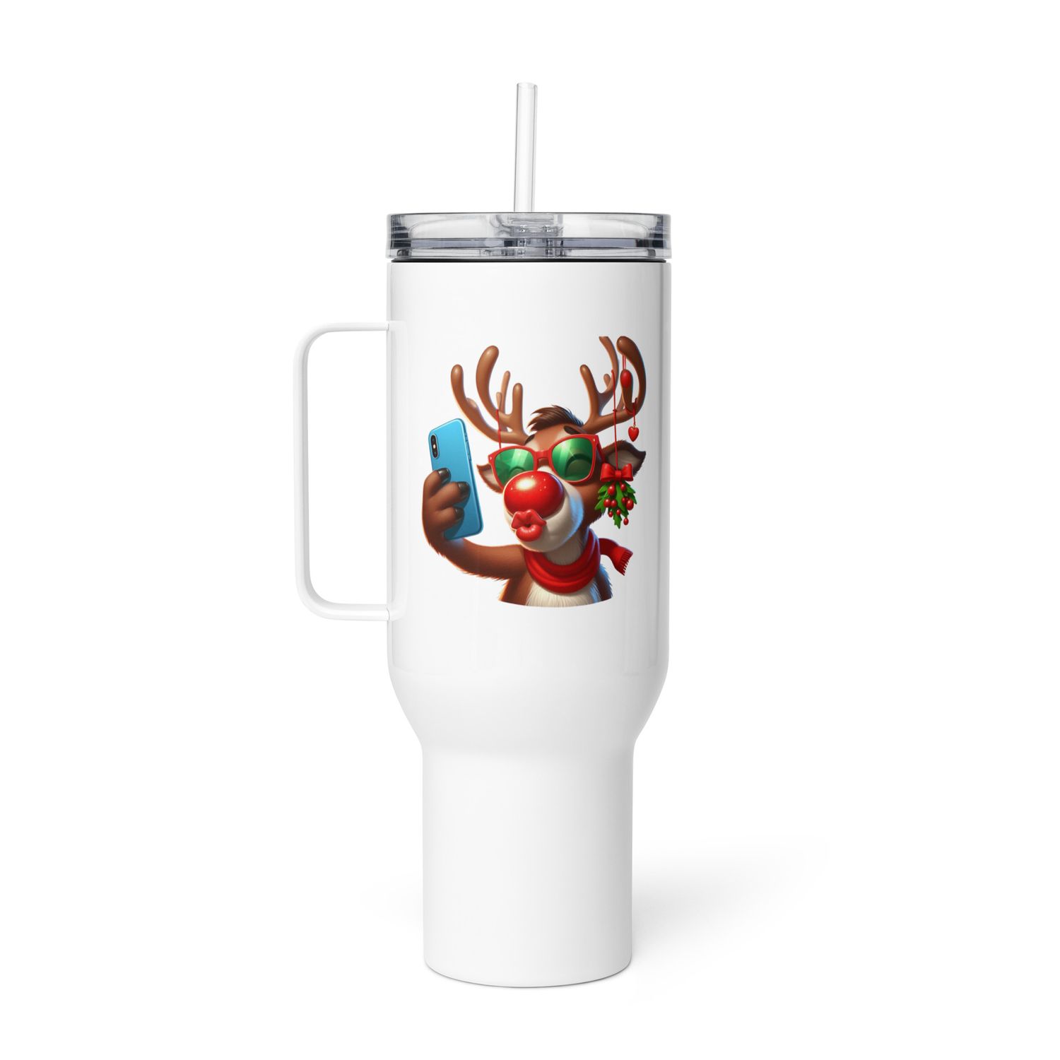 Funny Reindeer Selfie Travel Mug with a Handle
