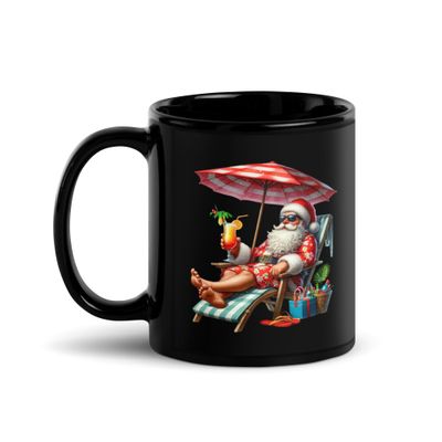 Funny Santa Tropical Vacation Black Coffee Mug