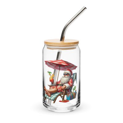 Funny Santa Tropical Vacation Can-Shaped Glass