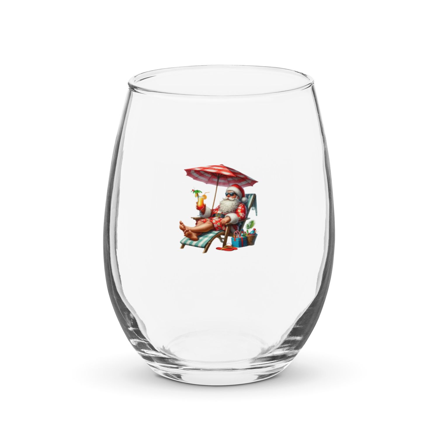Funny Santa Tropical Vacation Stemless Wine Glass