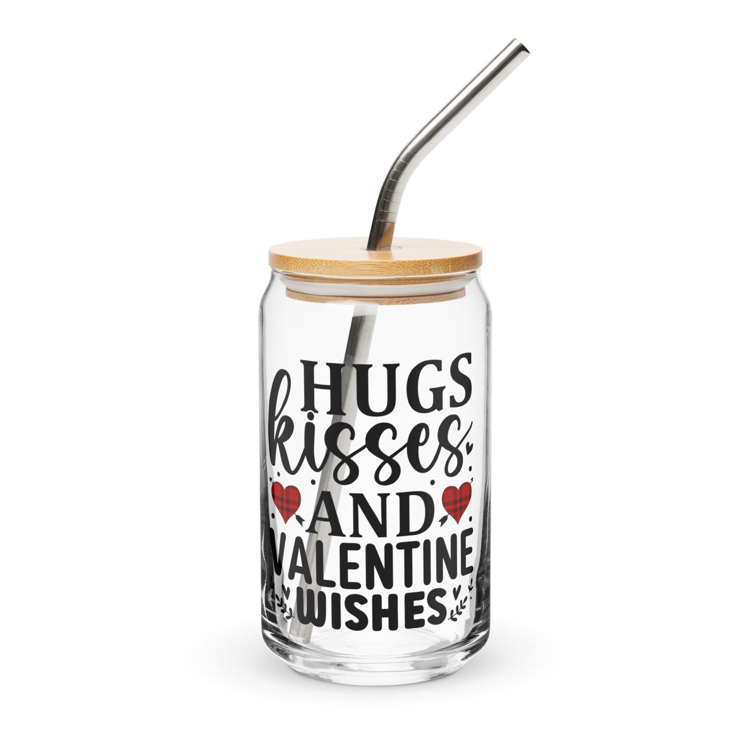Valentine-Hugs Kisses And Valentine Wishes Can-Shaped Glass