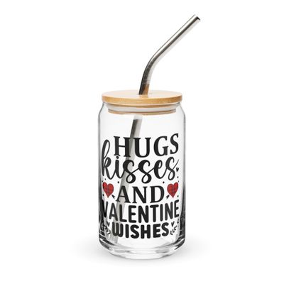 Valentine-Hugs Kisses And Valentine Wishes Can-Shaped Glass