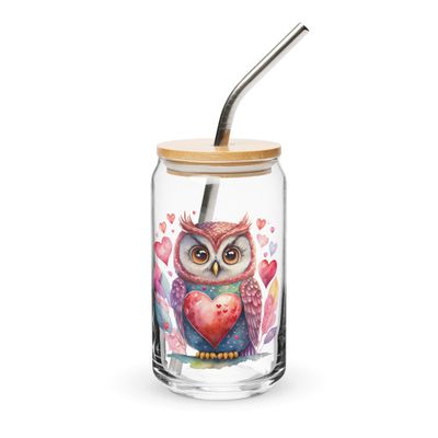 Valentine Love Owl Can-Shaped Glass