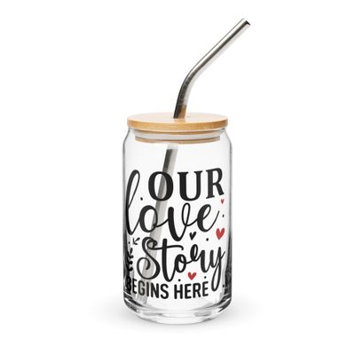 Valentine-Our Love Story Begins Here Can-Shaped Glass
