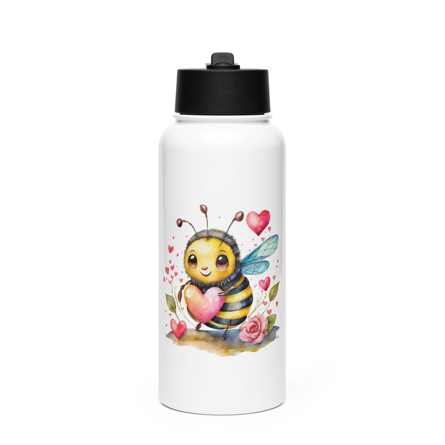 Valentine Love Bubble Bee Stainless Steel Water Bottle with a Straw Lid