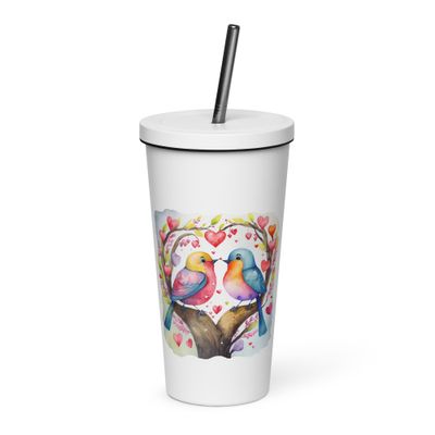 Valentine Love Birds Insulated Tumbler with a Straw