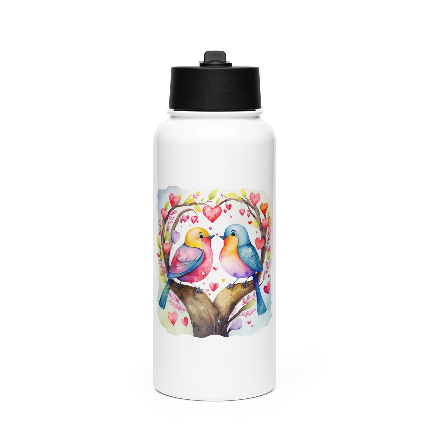 Valentine Love Birds Stainless Steel Water Bottle with a Straw Lid