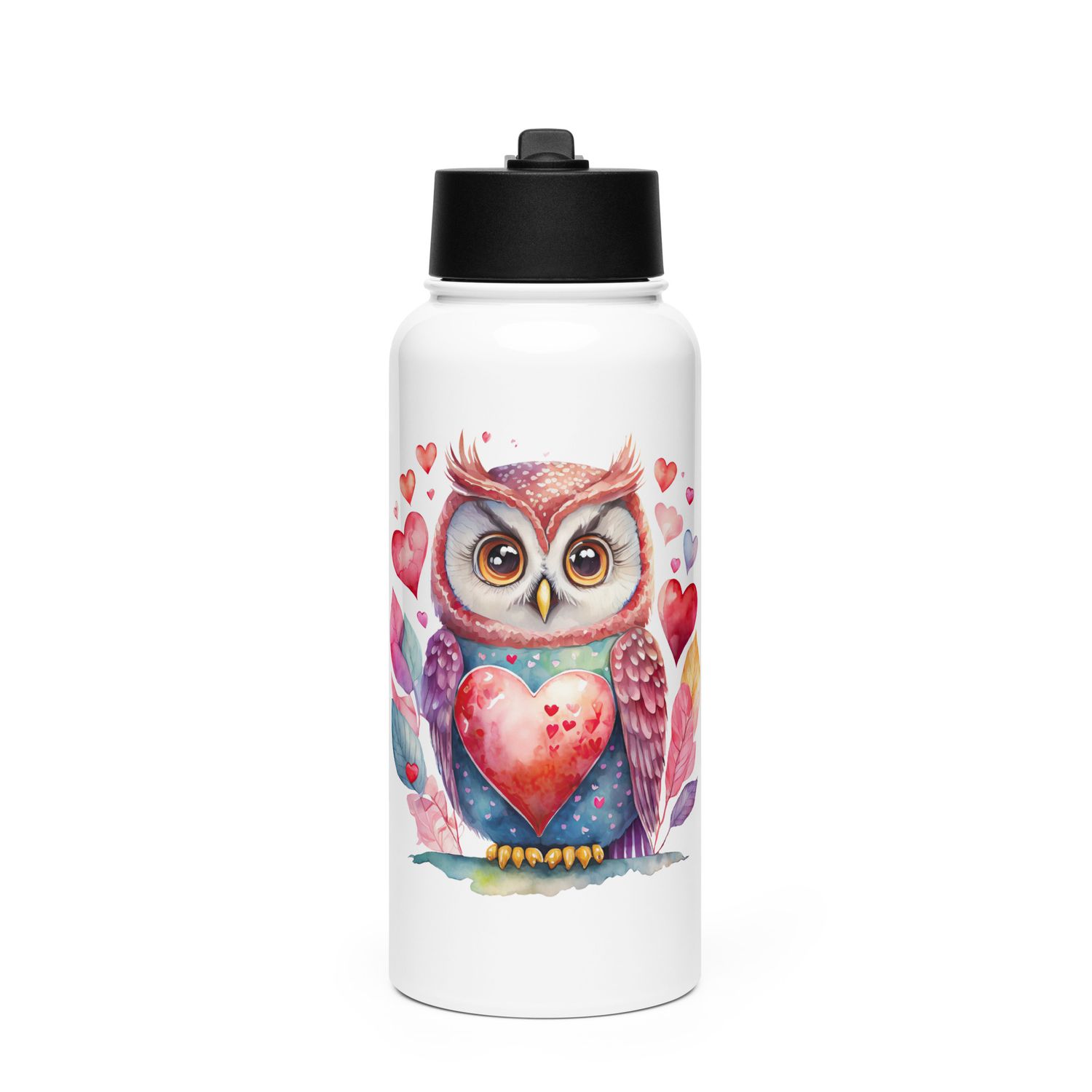 Valentine Love Owl Stainless Steel Water Bottle with a Straw Lid