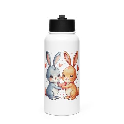 Valentine Love Rabbits Stainless Steel Water Bottle with a Straw Lid