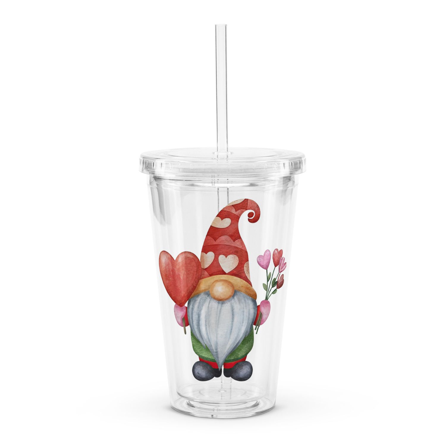 Valentine Gnome Clear Insulated Plastic Tumbler