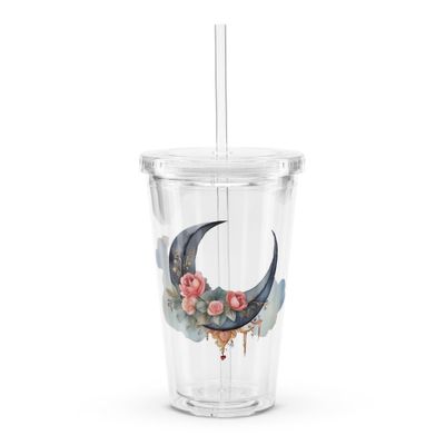 Valentine Moon and Roses Clear Insulated Plastic Tumbler
