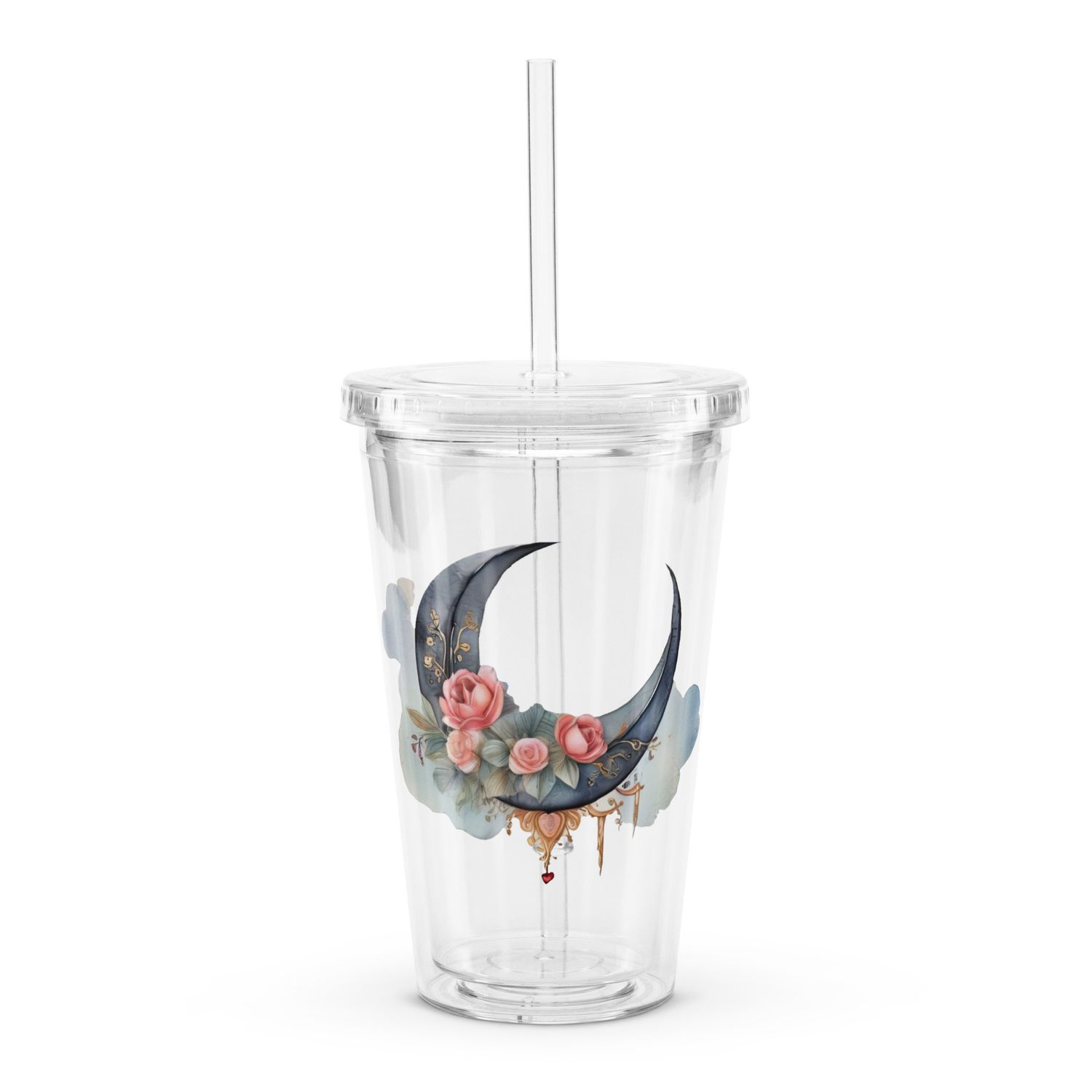 Valentine Moon and Roses Clear Insulated Plastic Tumbler