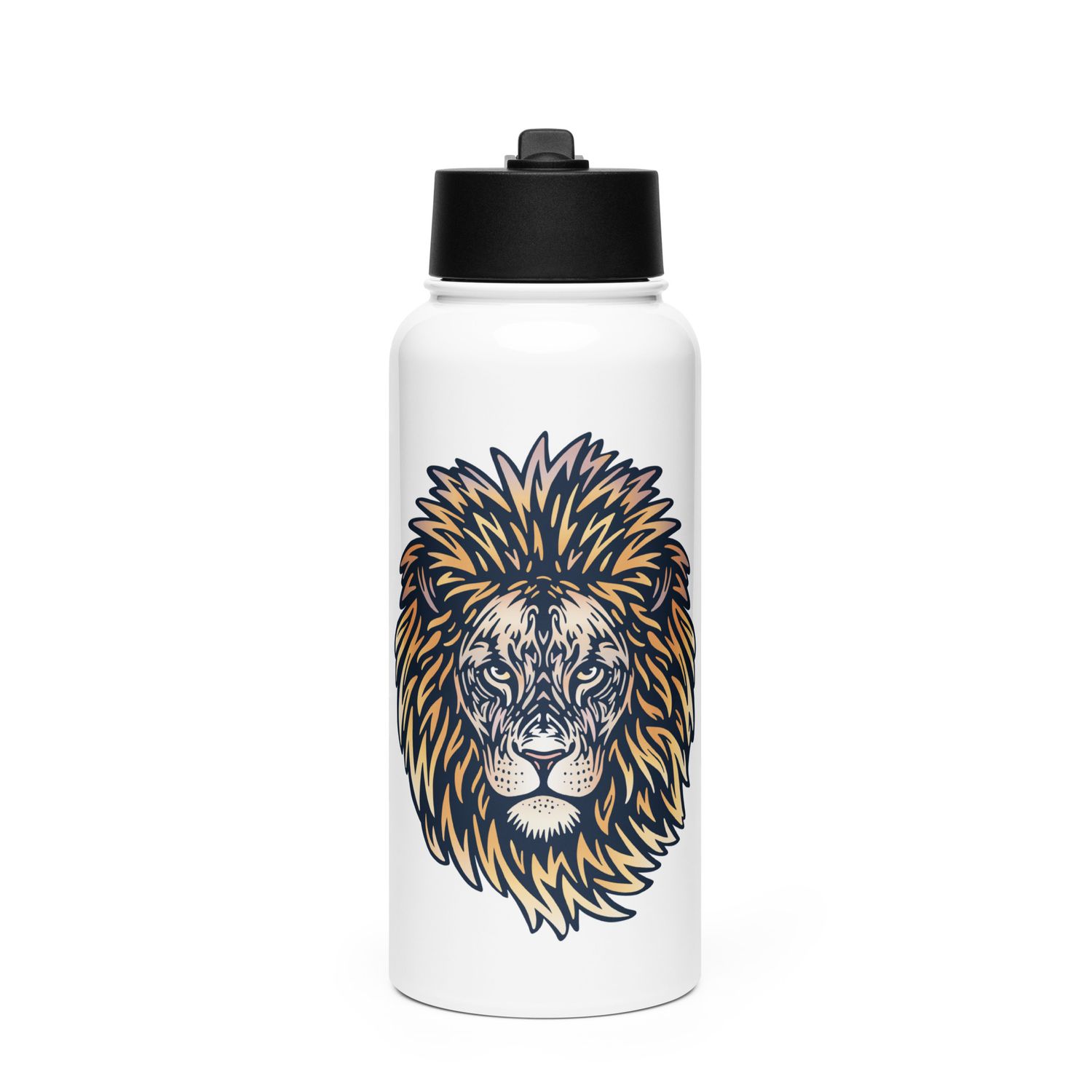African Lion Portrait Stainless Steel Water Bottle with a Straw Lid