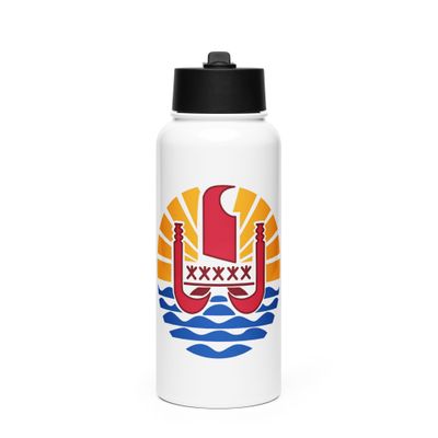 French Polynesia Coat of Arms, Tahiti Emblem Stainless Steel Water Bottle with a Straw Lid