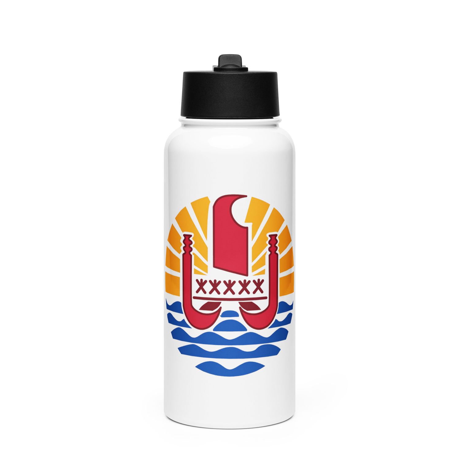 French Polynesia Coat of Arms, Tahiti Emblem Stainless Steel Water Bottle with a Straw Lid