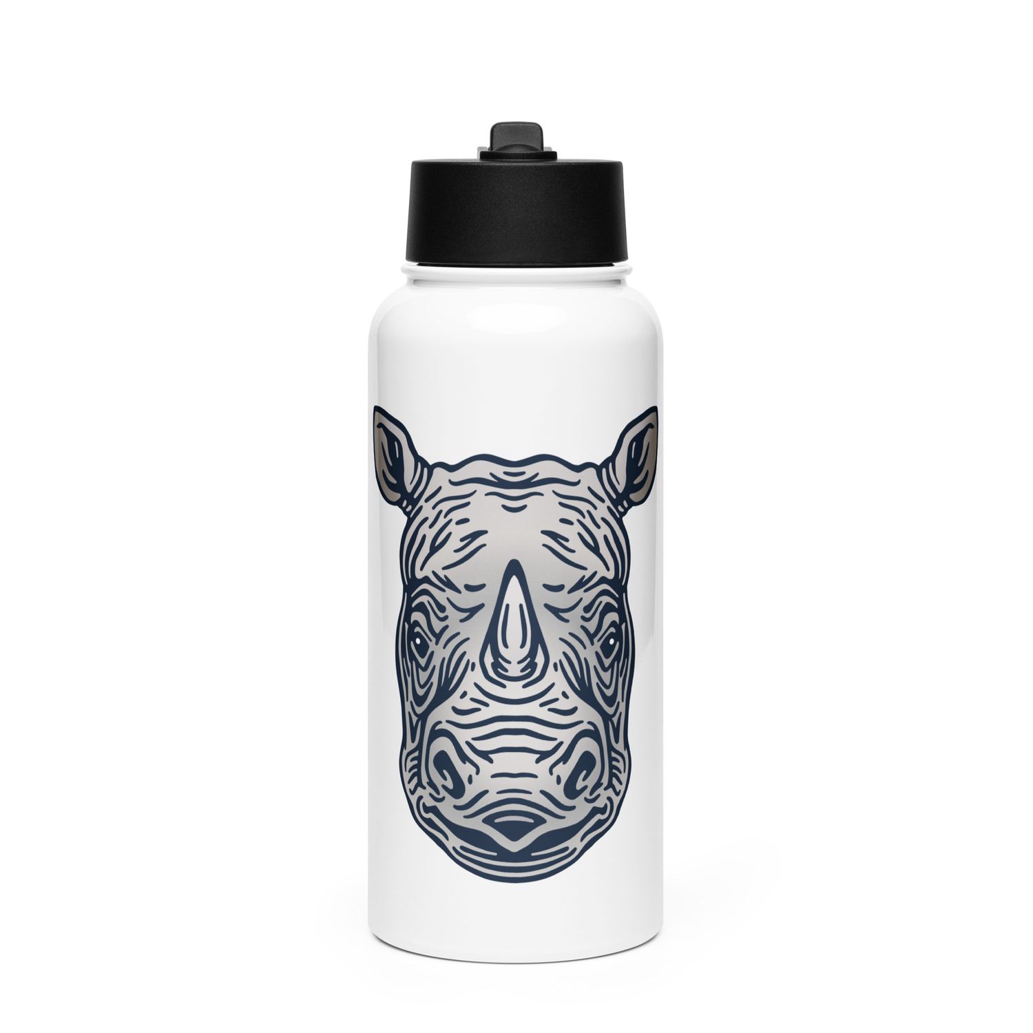 Endangered Javan Rhinoceros Portrait Stainless Steel Water Bottle with a Straw Lid