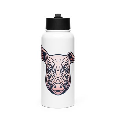 Farm Pig Portrait Stainless Steel Water Bottle with a Straw Lid