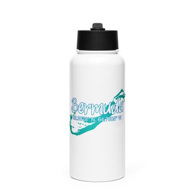 Bermuda Island Coordinates, Tourist Vacation Stainless Steel Water Bottle with a Straw Lid