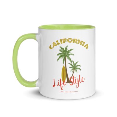 California Tropical Life Style, Palm Trees and Surfboard, Tropical Beach Vibes Mug with Color Interior