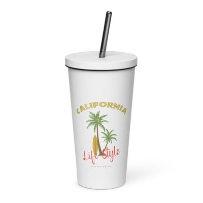 California Tropical Life Style, Palm Trees and Surfboard, Tropical Beach Vibes Insulated Tumbler with a Straw