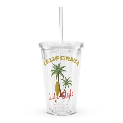 California Tropical Life Style, Palm Trees and Surfboard, Tropical Beach Vibes Clear Plastic Insulated Tumbler